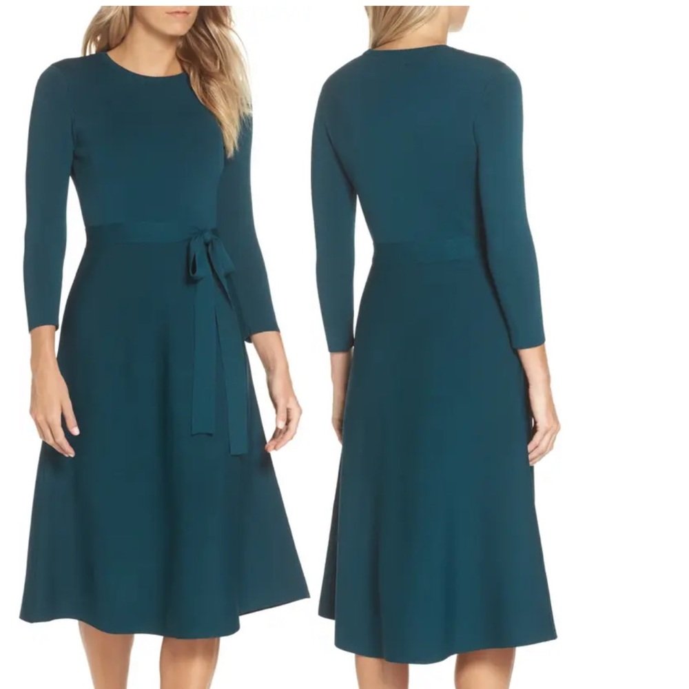 Eliza J Fit & Flare Dress Size XL In Teal Turquoise, Knit Sweater Belt Dress